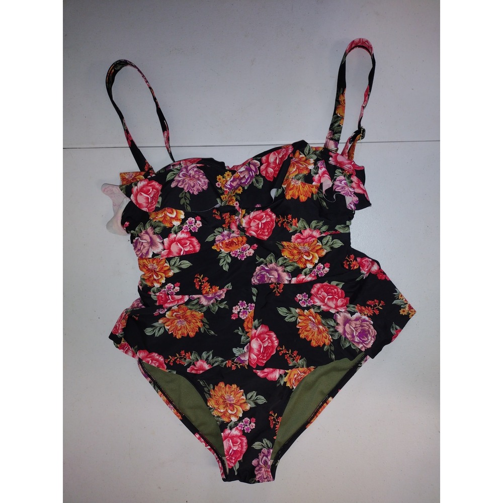 Terra & Sky Womens 0X 14W Floral Peplum One Piece Swimsuit Black Multicolor